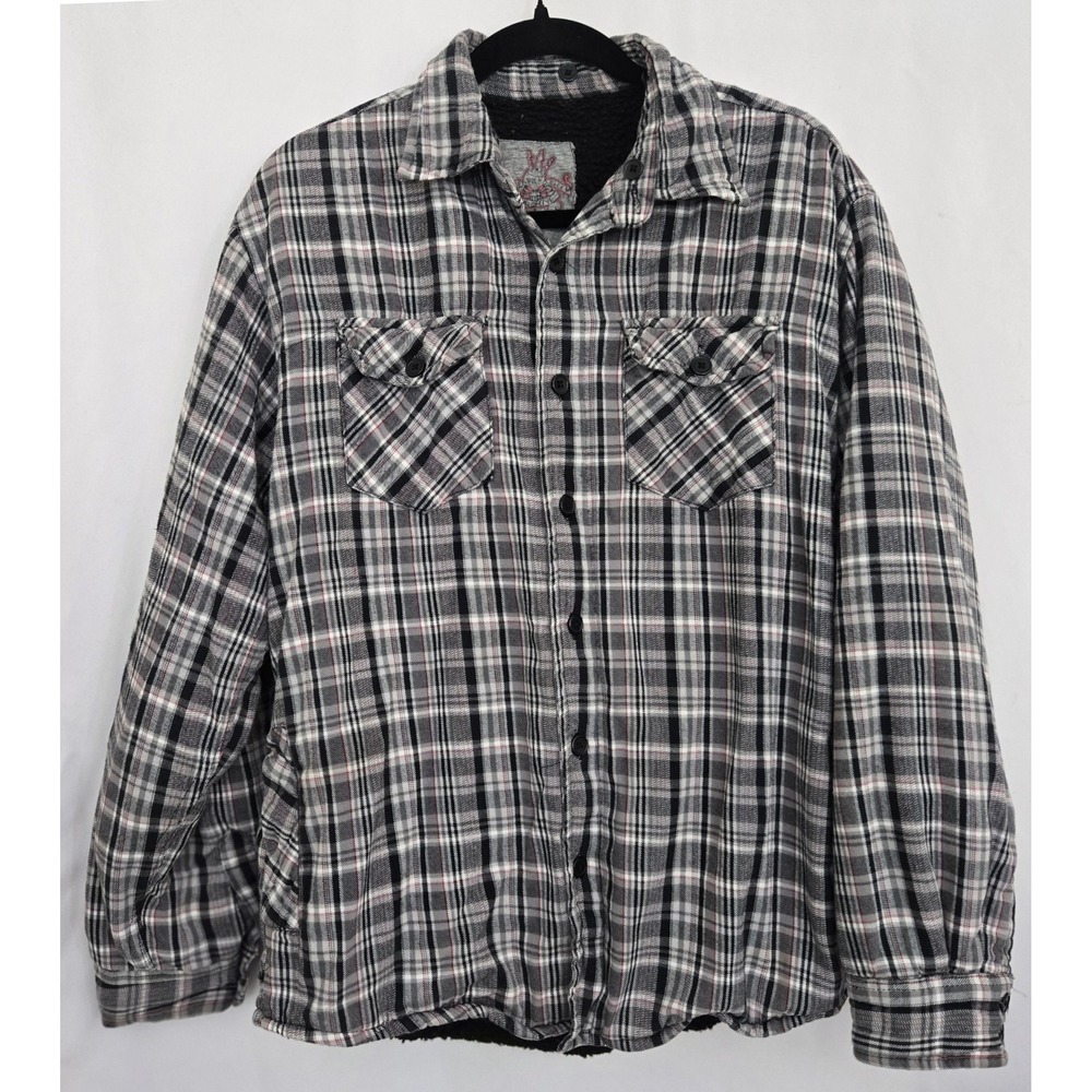 Overdrive Men's Sherpa Lined Flannel Shirt Jacket M‎ Black Gray Plaid Grunge 90s